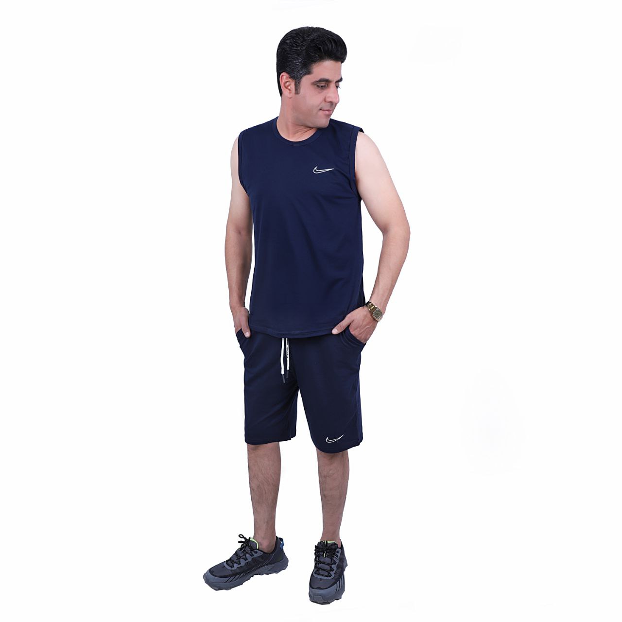 ست ورزشی مردانه شلوارک و رکابی حلقه ای نخی طرح نایک